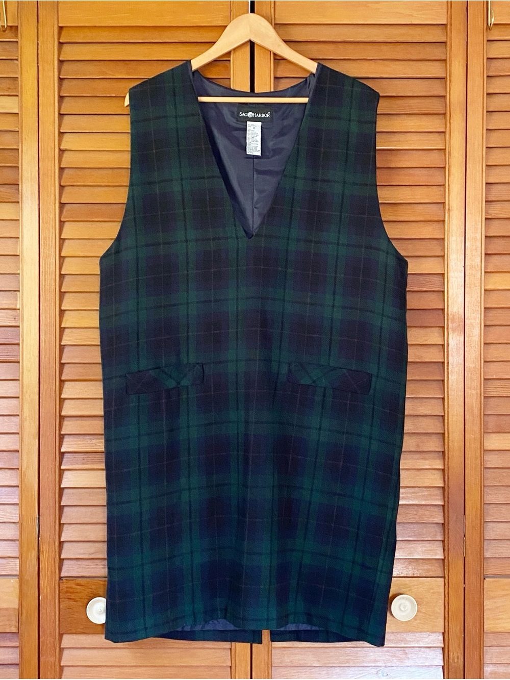 Vintage Sag Harbor Jumper Dress Women's Size 16 Plaid Wool Blend Blue Green 90s